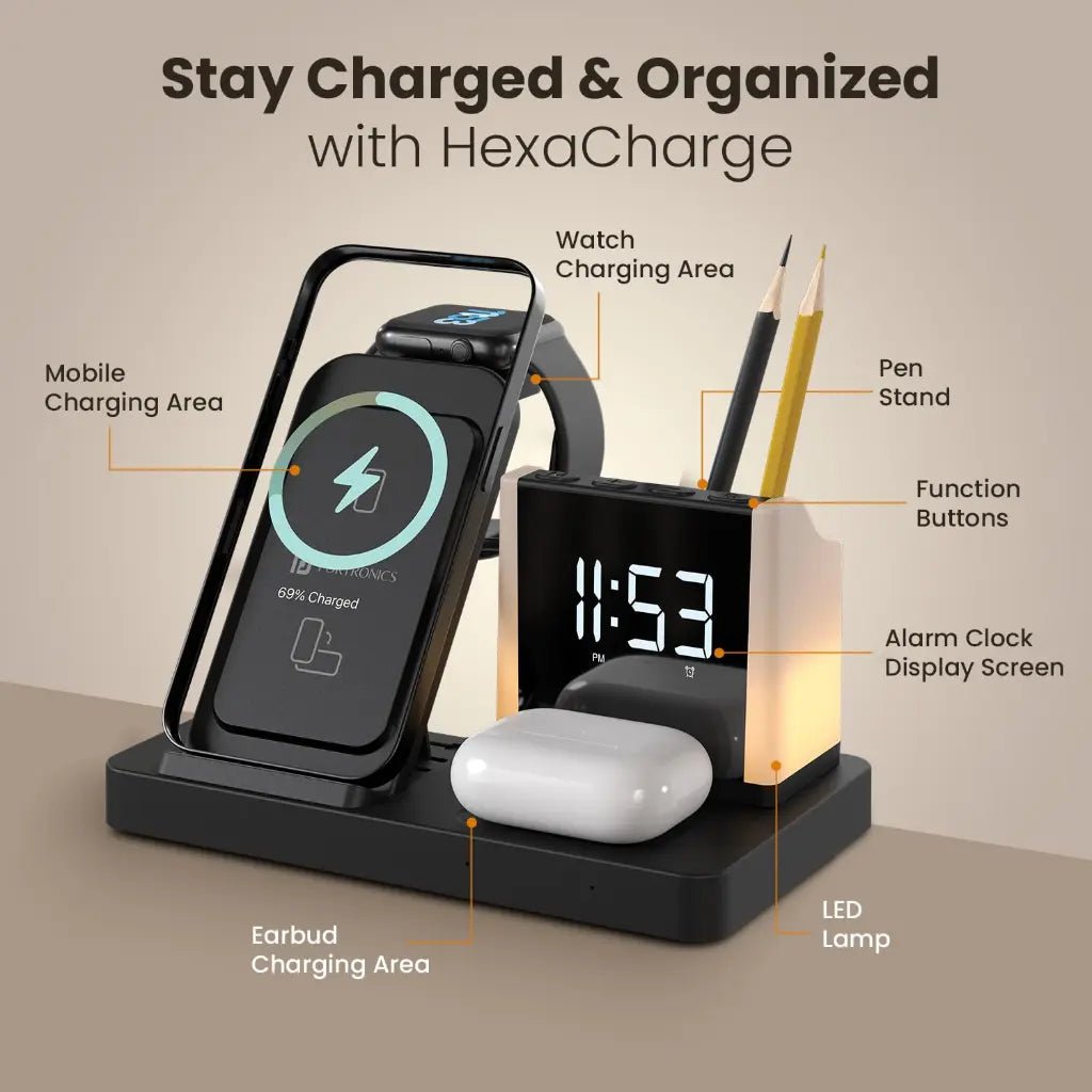 Portronics Hexacharge POR 2128 6-in-1 15W Fast Wireless Charging Station with Digital Alarm Clock and LED Display