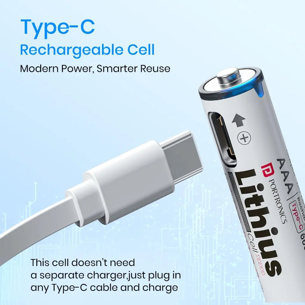 Portronics Lithius AAA USB-C Rechargeable Lithium-Ion Battery (440mAh) with LED Charging Indicator