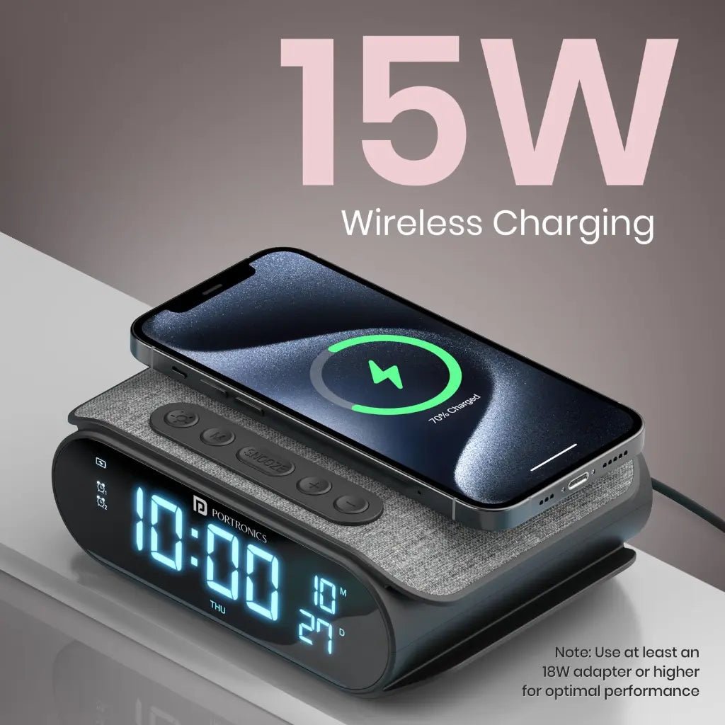 Portronics VoltClock POR 2129 15W Fast Wireless Charging Station with Dual Alarm Clock and Digital Display