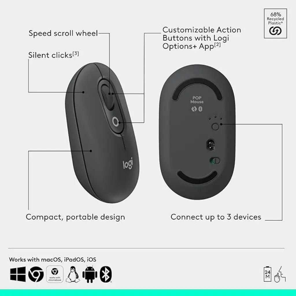 Logitech POP Multi-Device Bluetooth Wireless Mouse with Customizable Emoji Button - Graphite