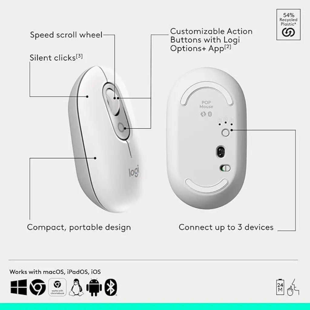Logitech POP Multi-Device Bluetooth Wireless Mouse with Customizable Emoji Button - Off White