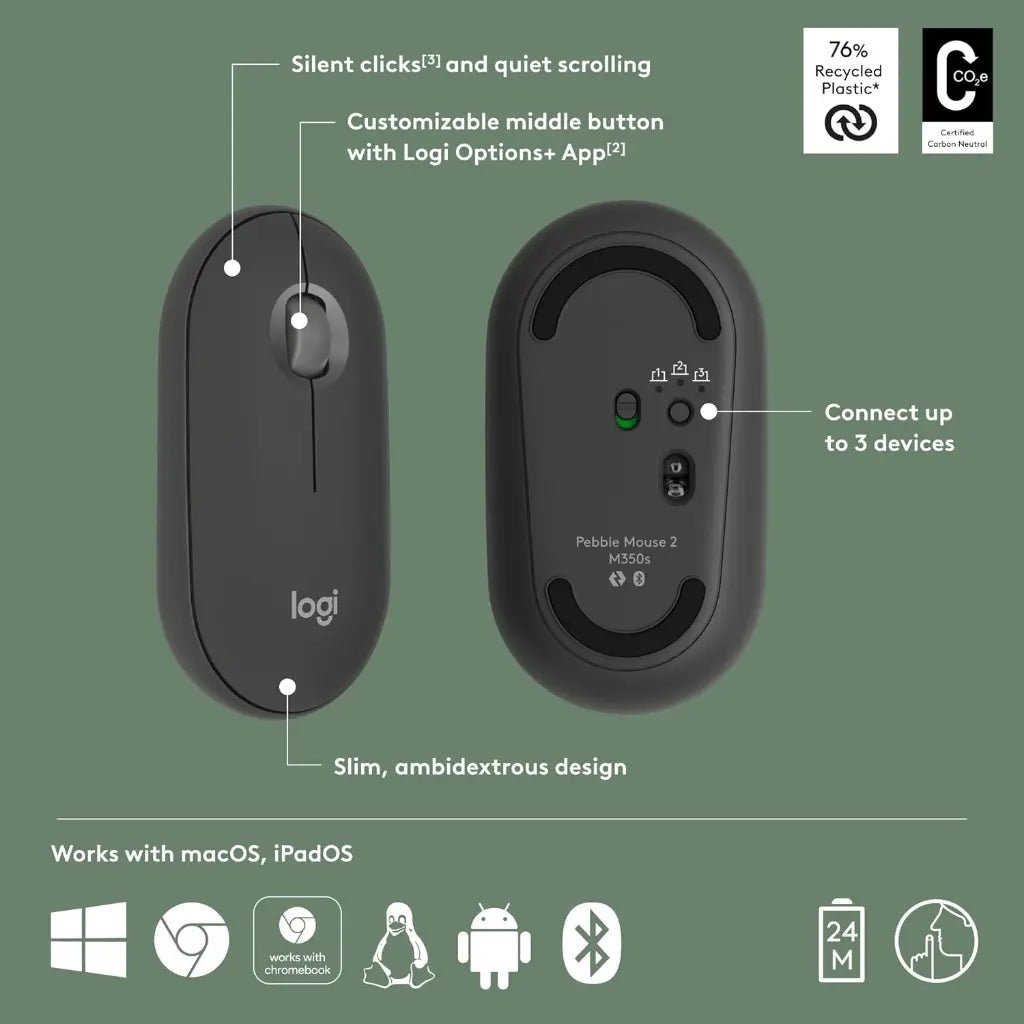 Logitech Pebble Mouse 2 M350s Slim Multi-Device Bluetooth Wireless Mouse - Graphite