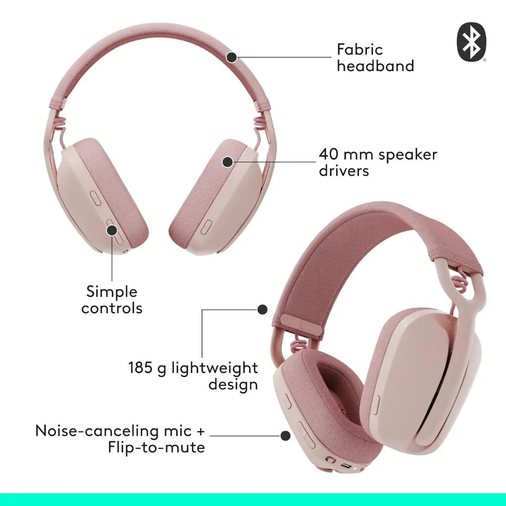 Logitech Zone Vibe 100 Lightweight Over-Ear Wireless Bluetooth Headphones with Noise-Cancelling Microphone - Rose