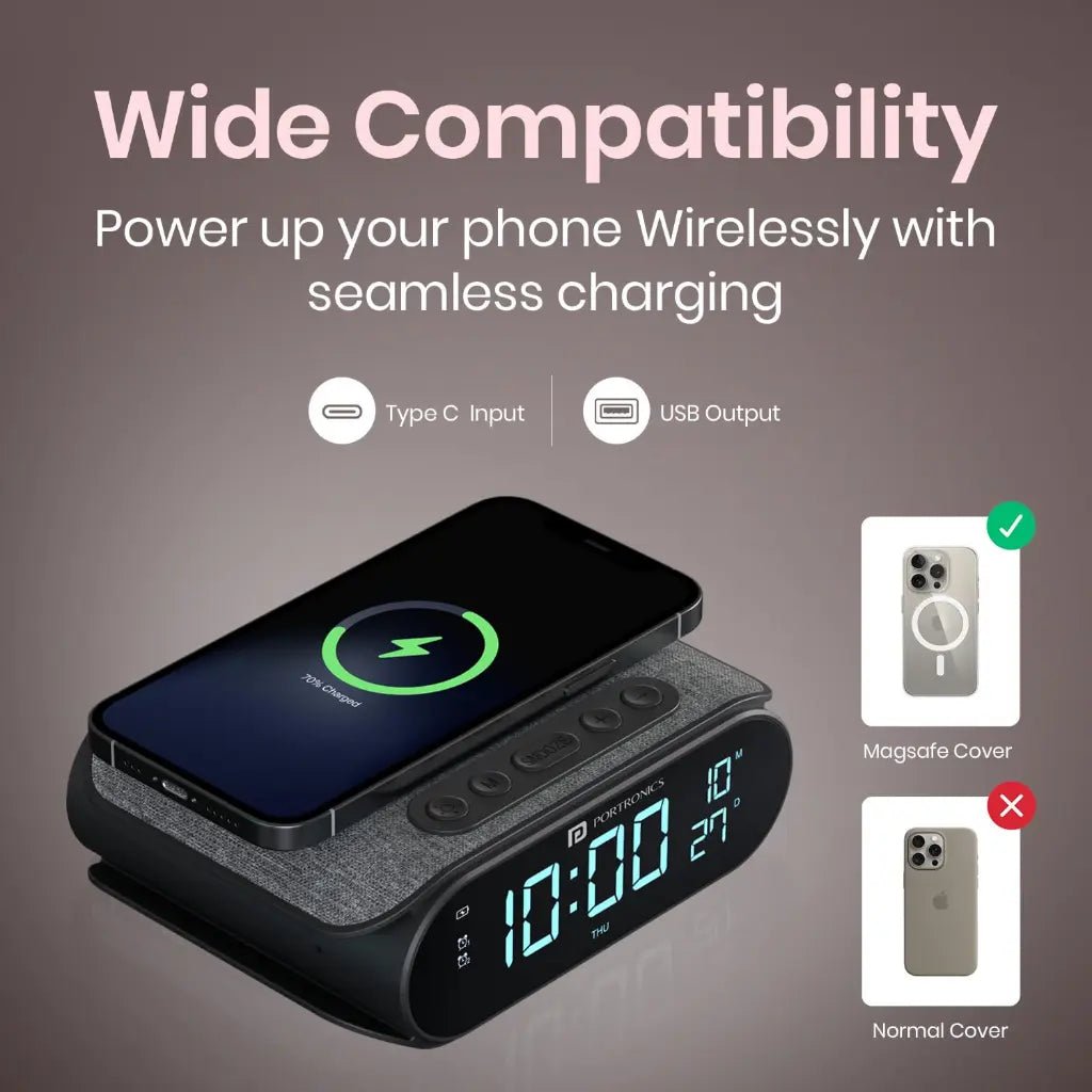 Portronics VoltClock POR 2129 15W Fast Wireless Charging Station with Dual Alarm Clock and Digital Display