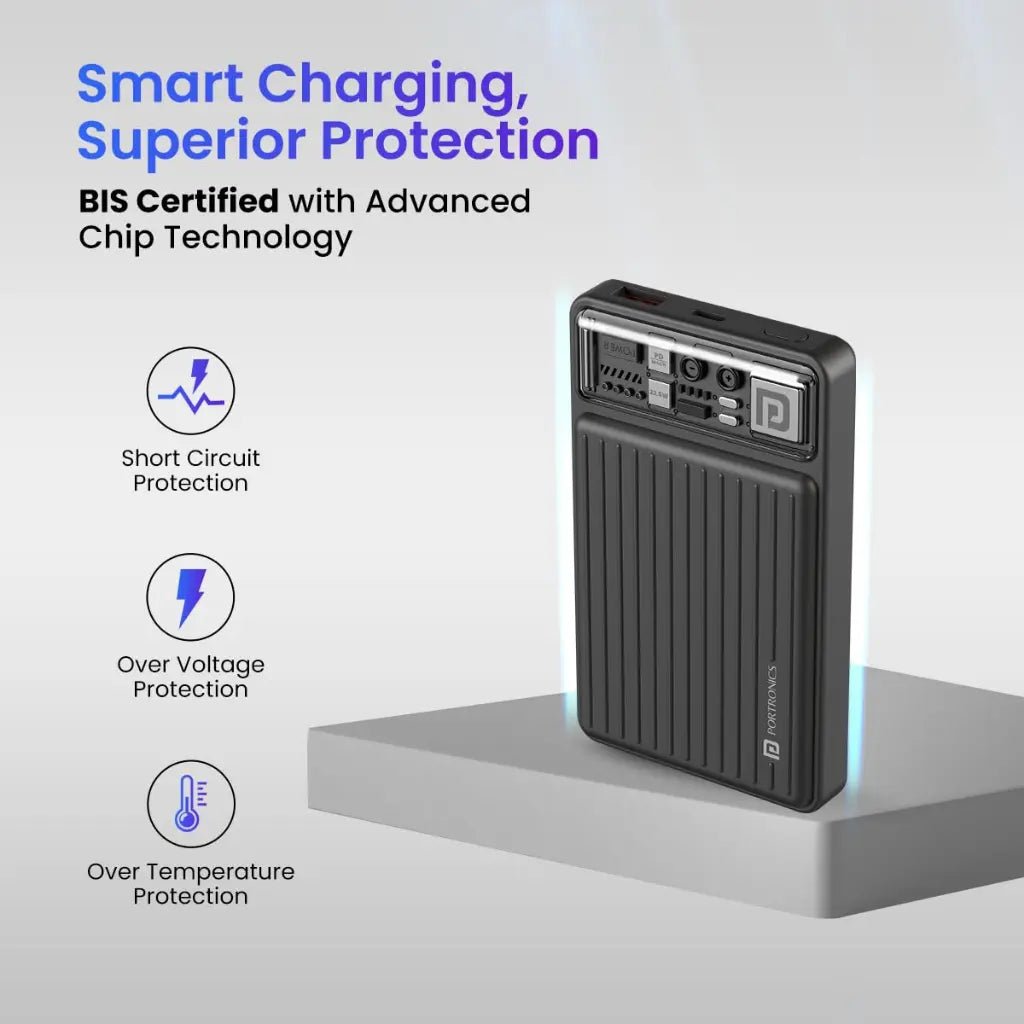 Portronics Luxcell Mini 10K 10000mAh Portable Power Bank with 22.5W Fast Charging Capability - Black
