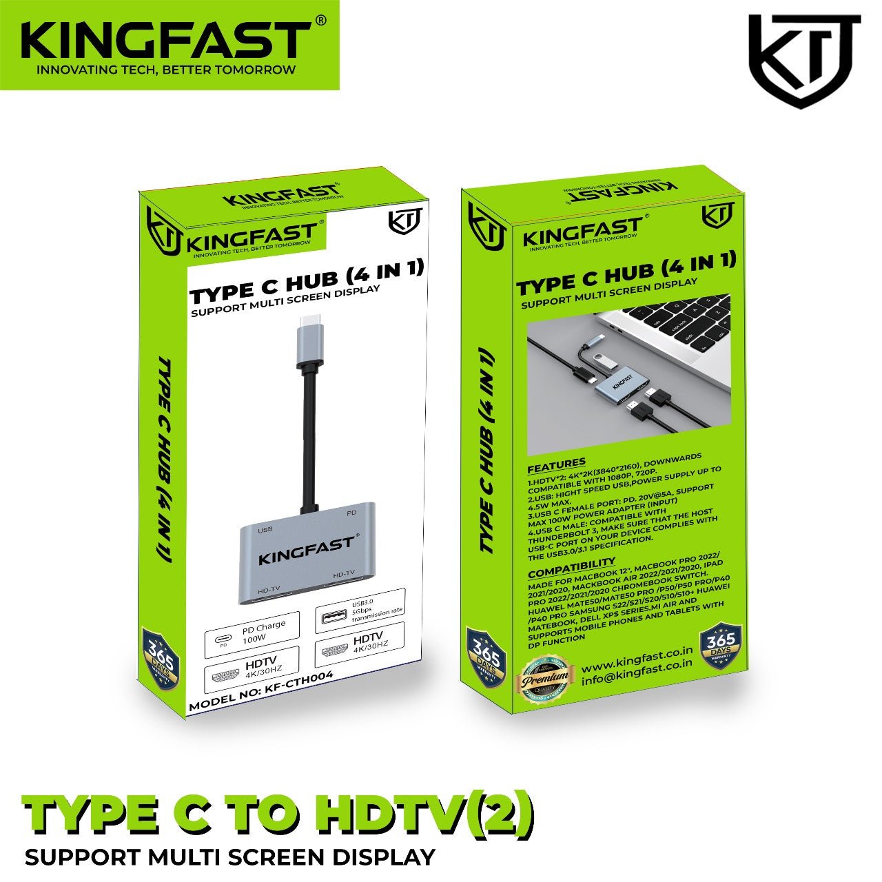 KINGFAST 5-in-1 USB-C to Dual HDMI 4K Adapter with Power Delivery and USB Port for Laptops