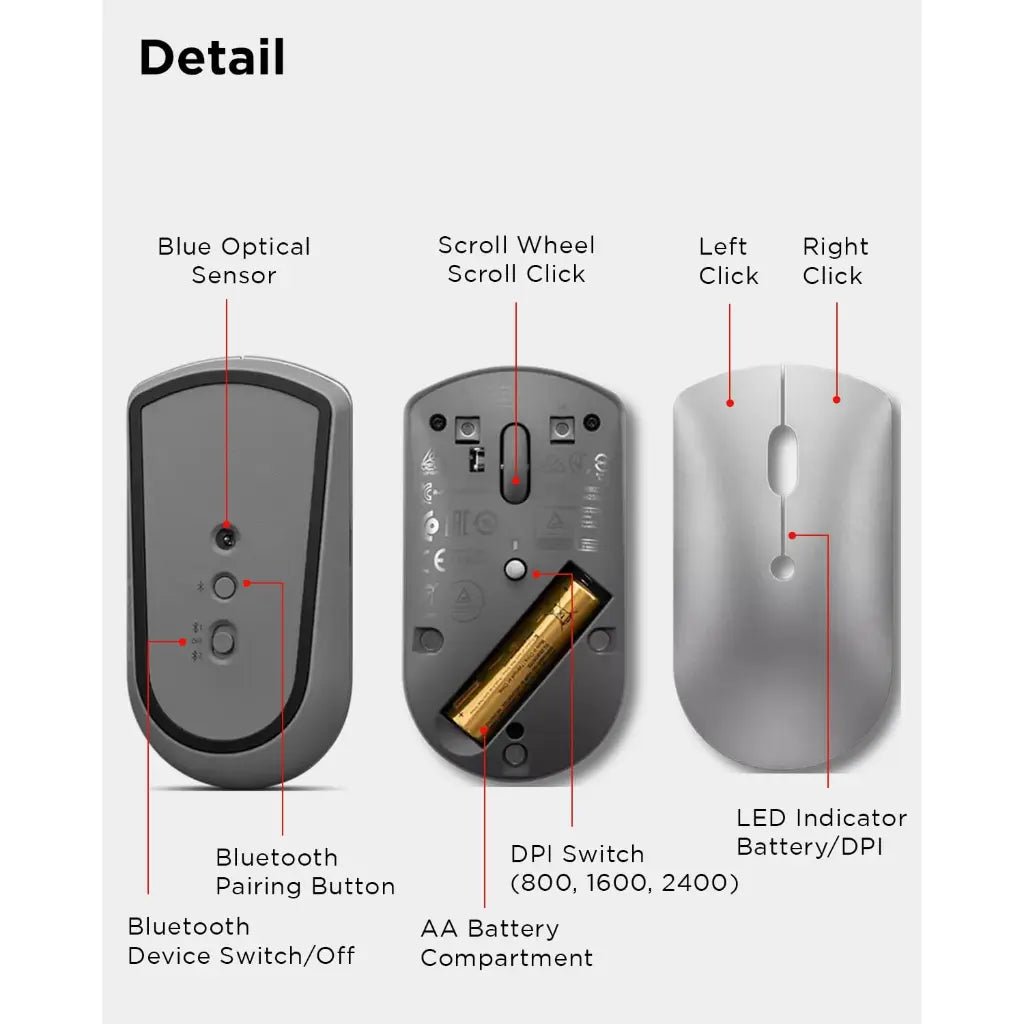 Lenovo 600 Bluetooth Silent Mouse with Dual Device Connectivity and Silent Clicks - Iron Grey