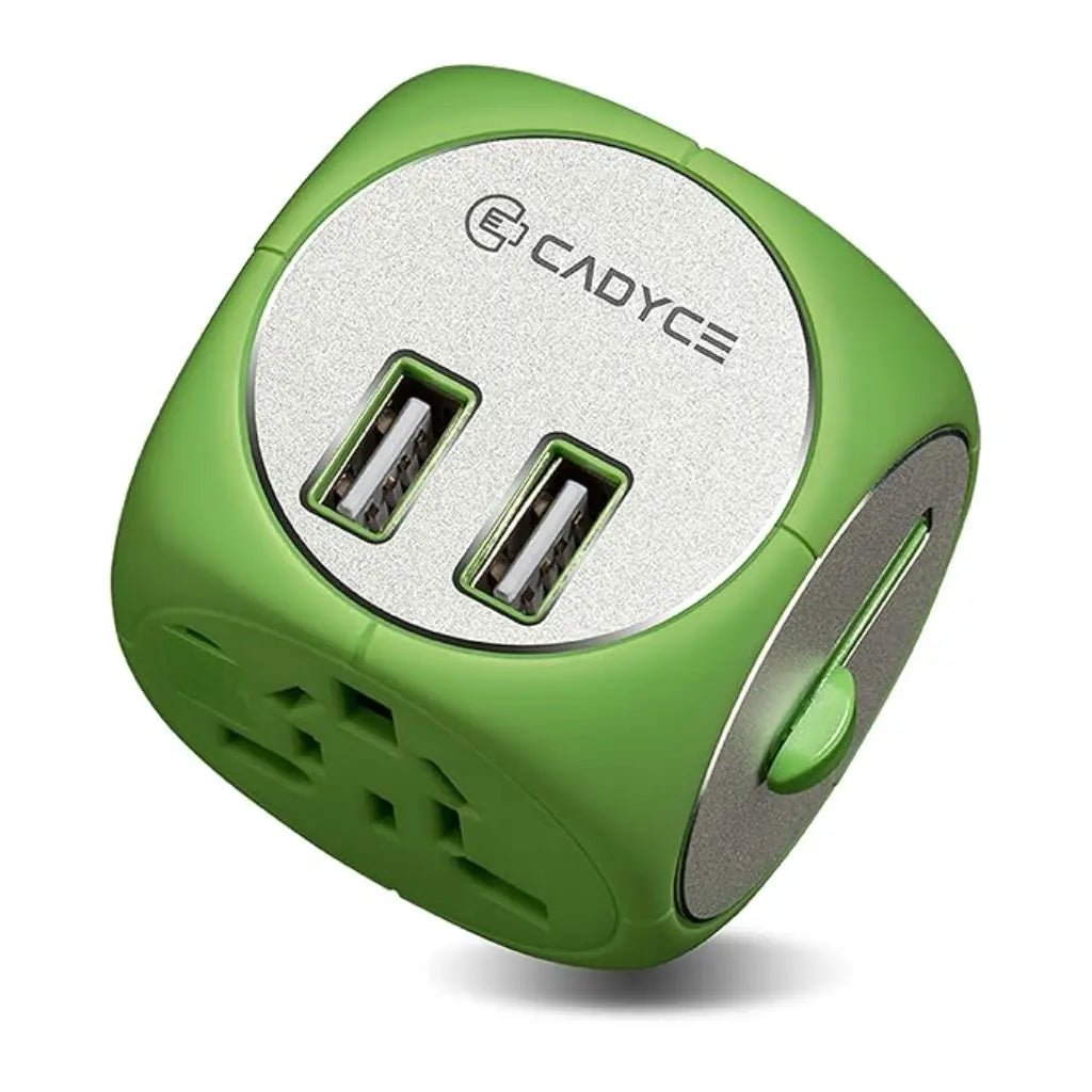 Cadyce CA-UTA Universal Travel Adapter with Dual USB Ports and 6A Fuse Protection - Green