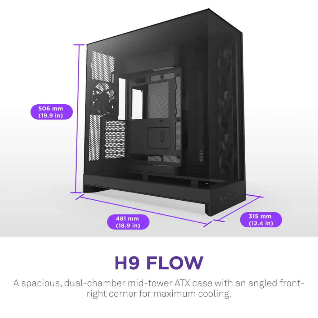 NZXT H9 Flow Premium Dual-Chamber Mid-Tower ATX Case with Tempered Glass Panels and High-Performance Airflow