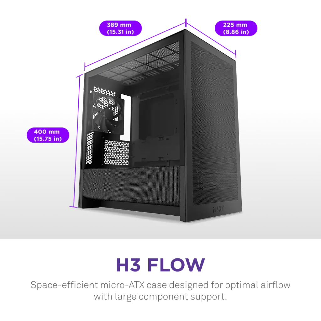 NZXT H3 Flow Compact Tempered Glass Micro-ATX Mid-Tower Airflow PC Case