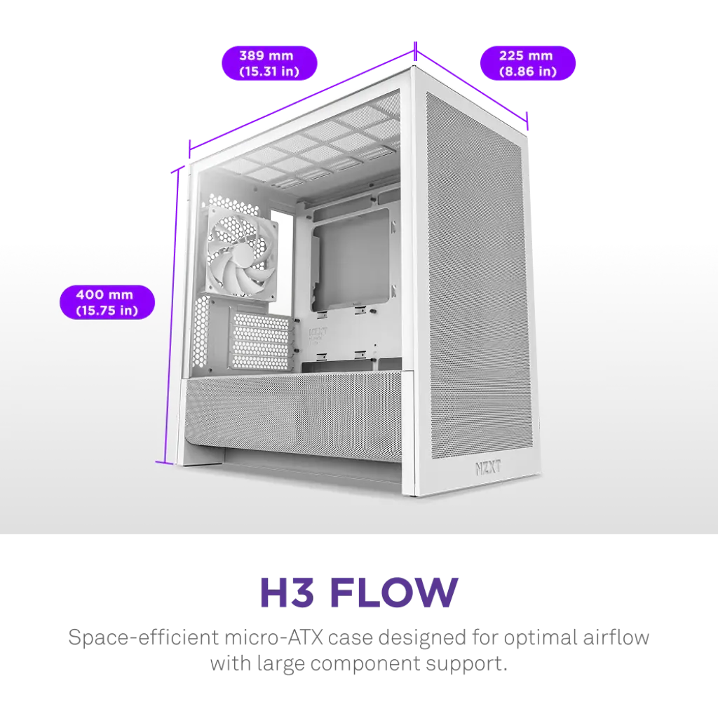 NZXT H3 Flow Tempered Glass Micro-ATX Mid-Tower Airflow PC Case - White