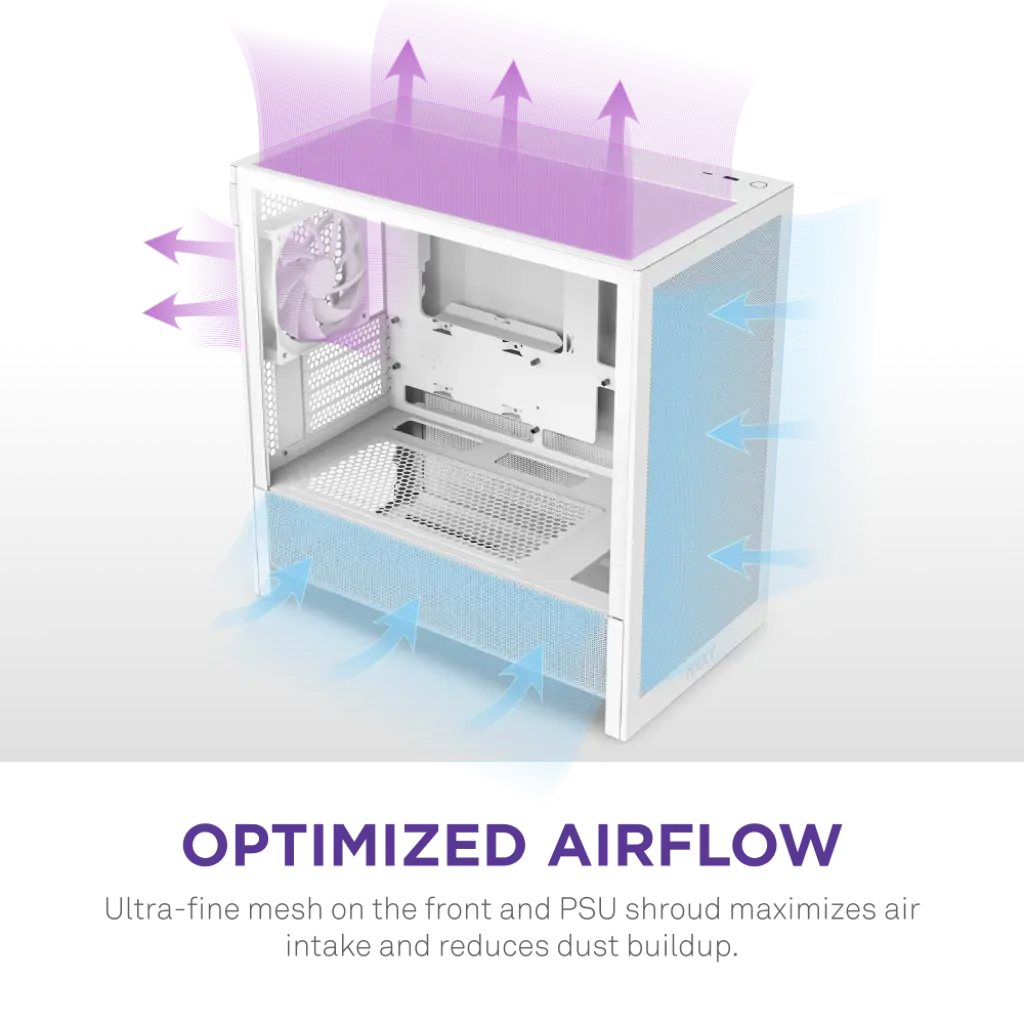 NZXT H3 Flow Tempered Glass Micro-ATX Mid-Tower Airflow PC Case - White