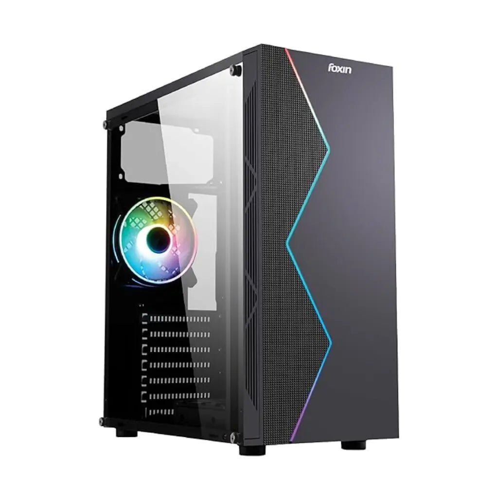 Foxin Prisma Mid Tower Gaming Computer Case with Tempered Glass Side Panel and RGB Lighting