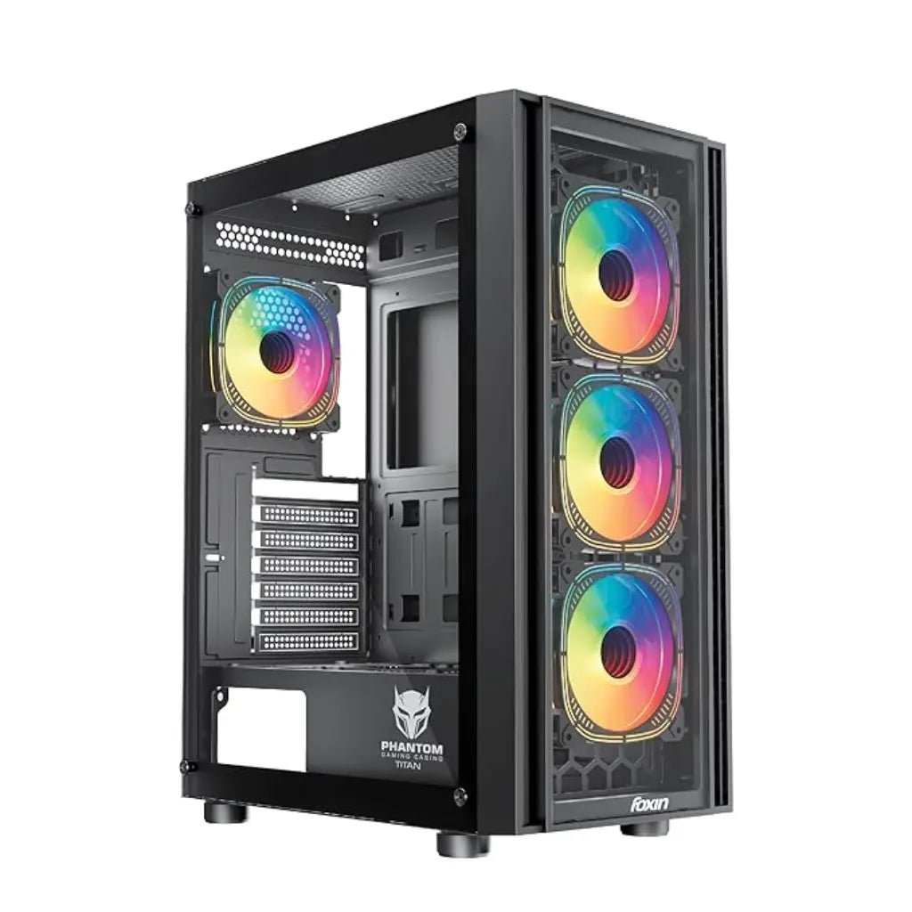 Foxin Titan Mid Tower Gaming PC Case with Tempered Glass Side Panel and Optimized Airflow