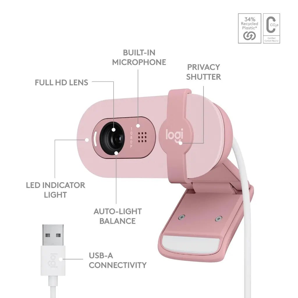 Logitech BRIO 100 Full HD 1080p USB-A Webcam with Integrated Privacy Shutter and Noise-Reducing Microphone - Rose