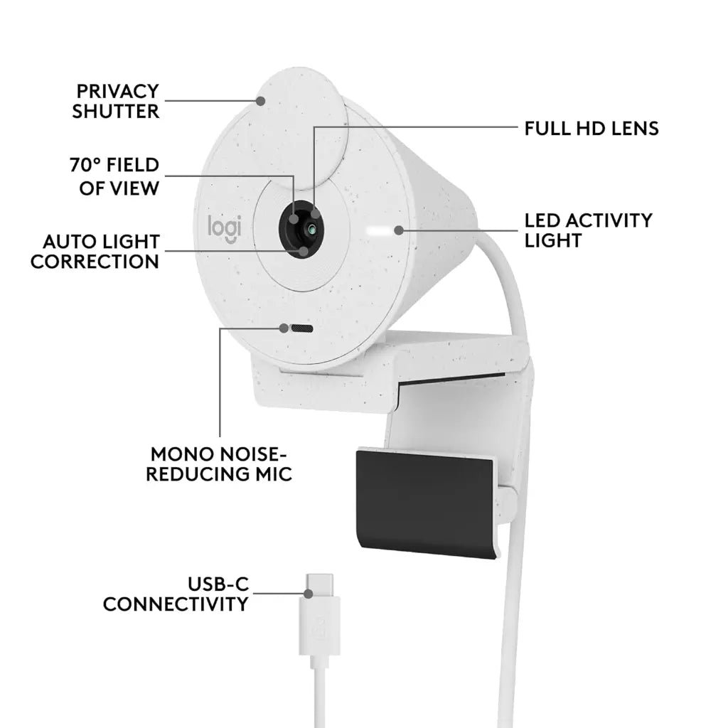 Logitech Brio 300 1080p Full HD Webcam with Noise-Reducing Microphone - Off White