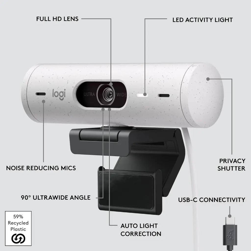 Logitech Brio 500 Full HD 1080p Webcam with Noise-Reducing Microphones and Privacy Shutter - Off White