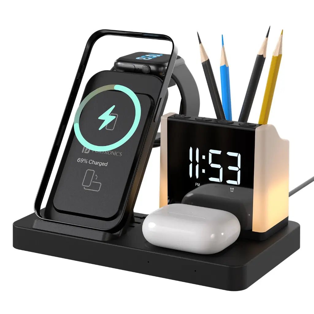 Portronics Hexacharge POR 2128 6-in-1 15W Fast Wireless Charging Station with Digital Alarm Clock and LED Display