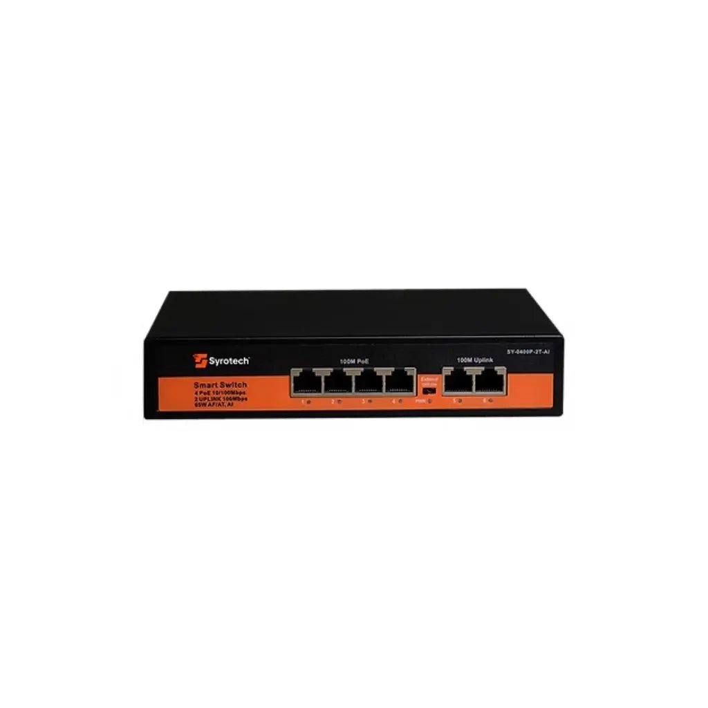 Syrotech 4-Port 10/100Mbps PoE Switch (SY-0400P-2T-AI) with 2 Uplink Ports and 65W Power Budget