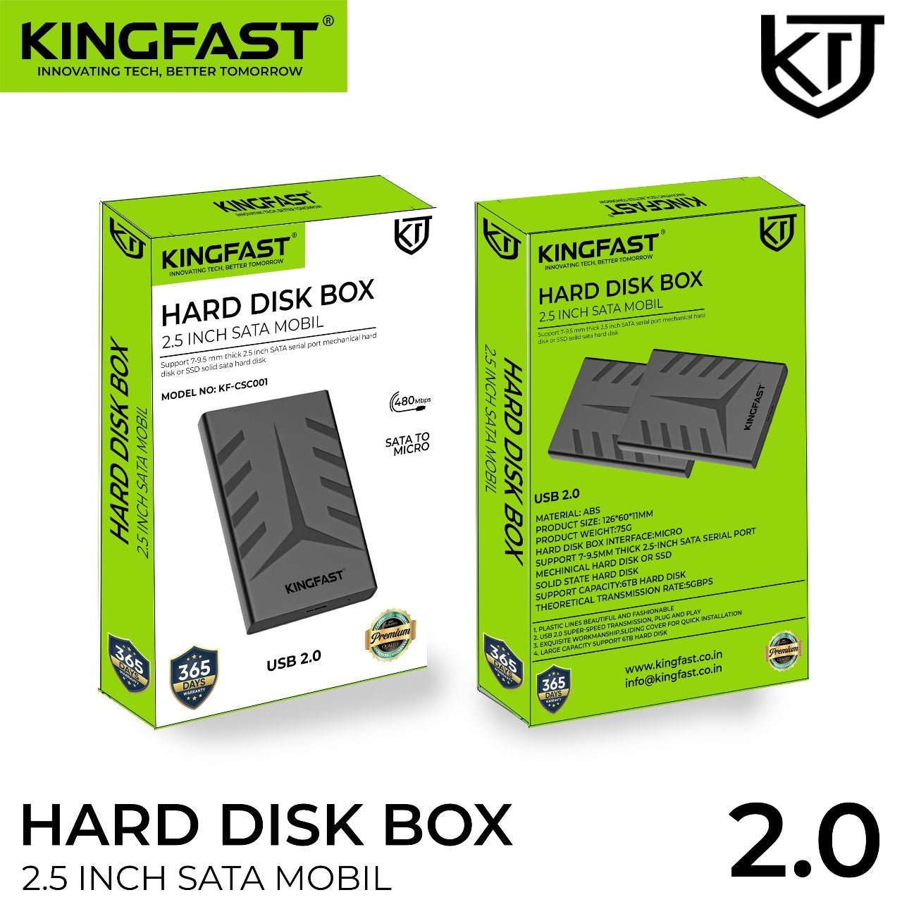 KINGFAST 2.5-inch USB 2.0 External HDD/SSD Enclosure - Lightweight and Shock-Resistant