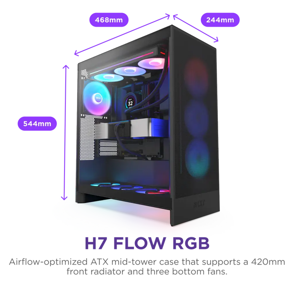 NZXT H7 Flow RGB Tempered Glass Compact Mid-Tower ATX High-Airflow PC Gaming Case
