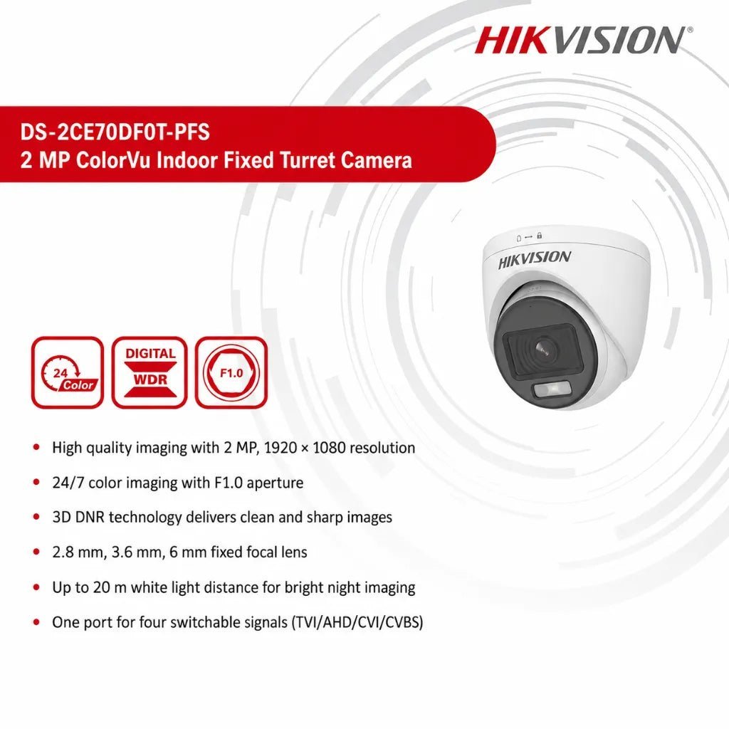 Hikvision 2MP ColorVu Audio Turret CCTV Camera with Full-Time Color Imaging (DS-2CE70DF0T-PFS)