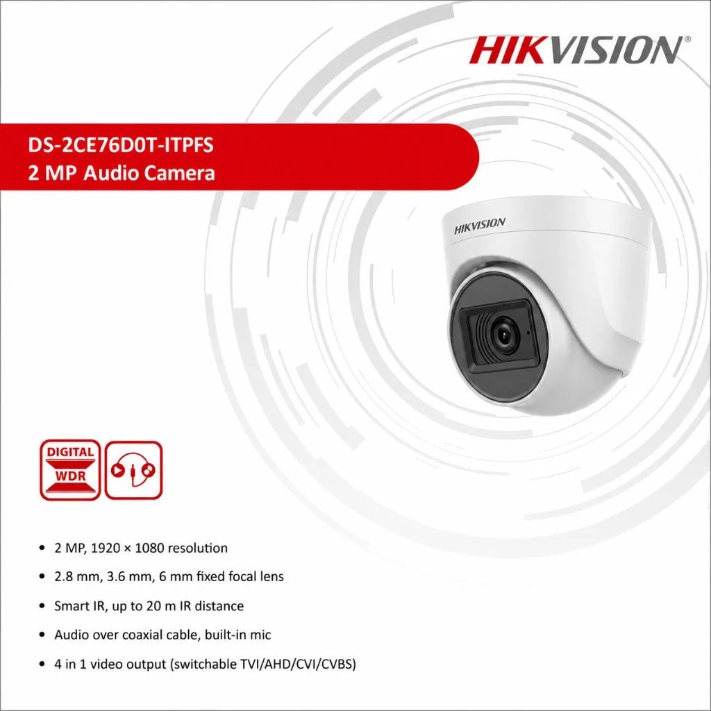 Hikvision 2MP 1080p Indoor Fixed Turret CCTV Camera with Built-in Microphone and 2.8mm Lens (DS-2CE76D0T-ITPFS)