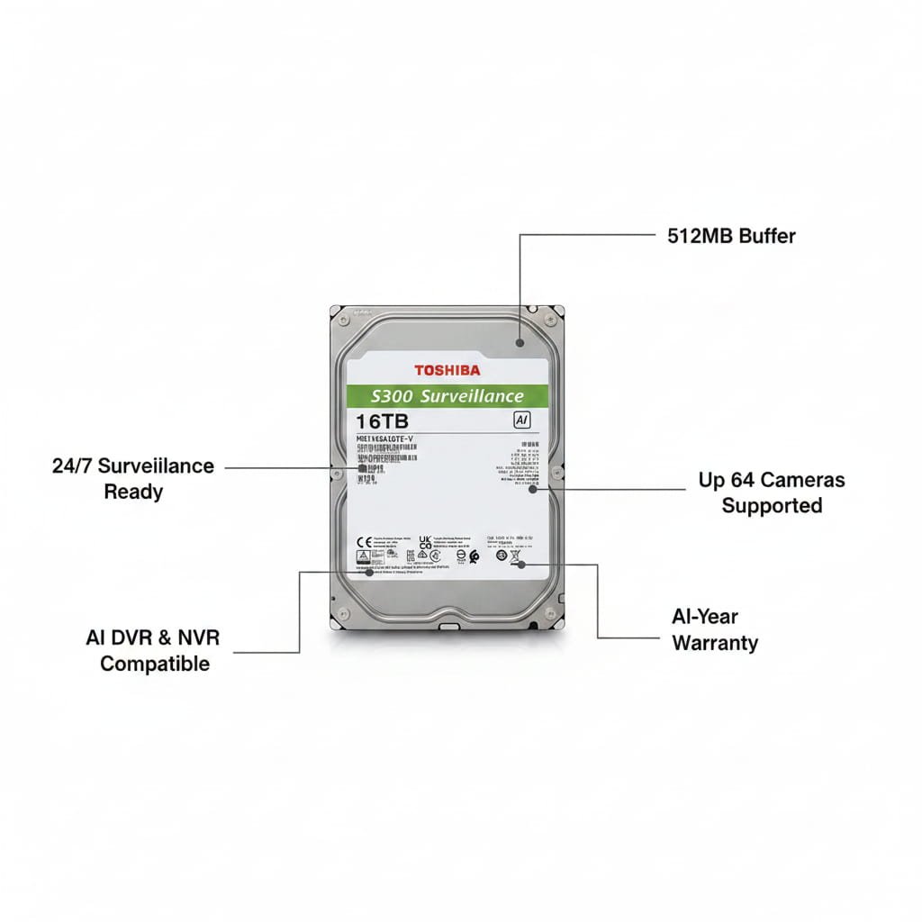 Toshiba S300 16TB Surveillance Hard Drive for AI-Enabled DVR and NVR Security Systems